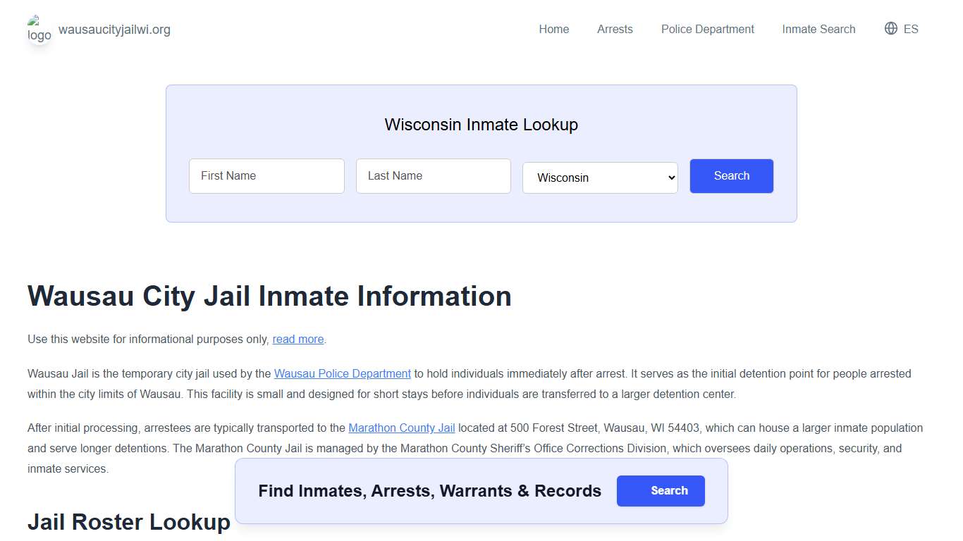 Wausau Jail, WI Inmate Roster, Municipal Jail Info